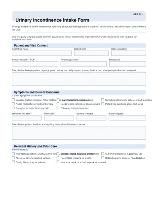 DPT 532 fillable PDF first-page preview of Urinary Incontinence Intake Form