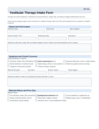 DPT 535 fillable PDF first-page preview of Vestibular Therapy Intake Form