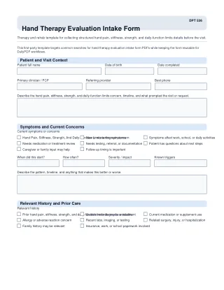 DPT 536 fillable PDF first-page preview of Hand Therapy Evaluation Intake Form