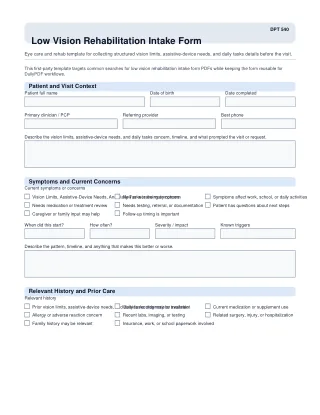 DPT 540 fillable PDF first-page preview of Low Vision Rehabilitation Intake Form