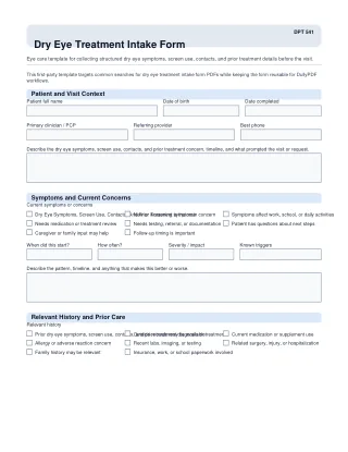 DPT 541 fillable PDF first-page preview of Dry Eye Treatment Intake Form
