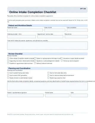 DPT 549 fillable PDF first-page preview of Online Intake Completion Checklist