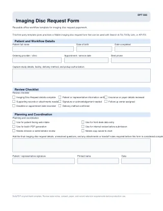 DPT 555 fillable PDF first-page preview of Imaging Disc Request Form