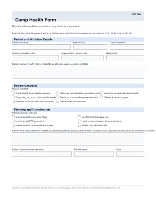 DPT 566 fillable PDF first-page preview of Camp Health Form