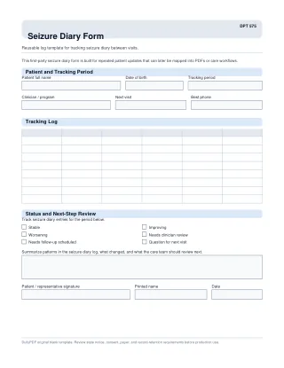 DPT 575 fillable PDF first-page preview of Seizure Diary Form