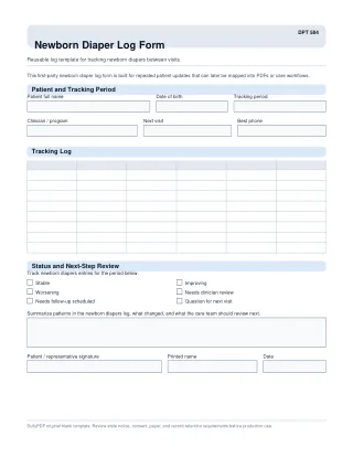 DPT 584 fillable PDF first-page preview of Newborn Diaper Log Form