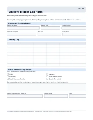 DPT 587 fillable PDF first-page preview of Anxiety Trigger Log Form