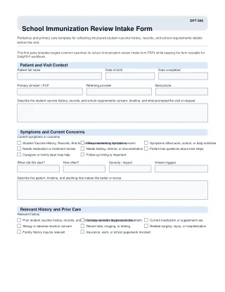 DPT 599 fillable PDF first-page preview of School Immunization Review Intake Form