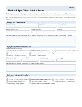 DPT 620 fillable PDF first-page preview of Medical Spa Client Intake Form