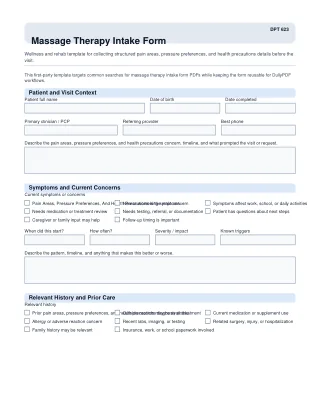 DPT 623 fillable PDF first-page preview of Massage Therapy Intake Form