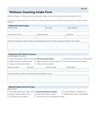 DPT 626 fillable PDF first-page preview of Wellness Coaching Intake Form