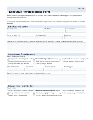 DPT 627 fillable PDF first-page preview of Executive Physical Intake Form