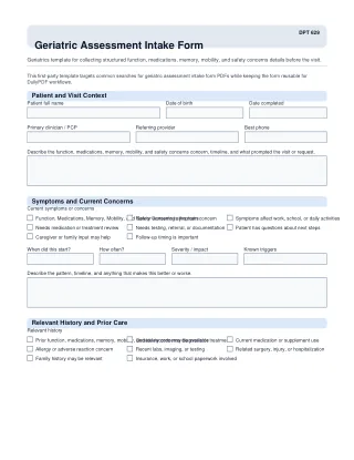 DPT 629 fillable PDF first-page preview of Geriatric Assessment Intake Form