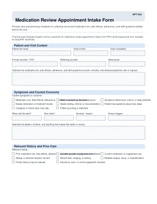 DPT 642 fillable PDF first-page preview of Medication Review Appointment Intake Form