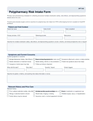 DPT 643 fillable PDF first-page preview of Polypharmacy Risk Intake Form