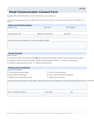 DPT 648 fillable PDF first-page preview of Email Communication Consent Form
