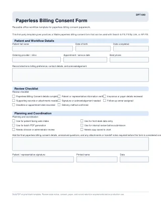 DPT 649 fillable PDF first-page preview of Paperless Billing Consent Form