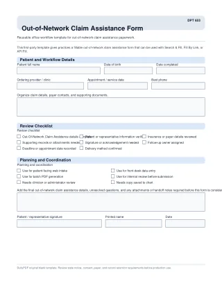 DPT 653 fillable PDF first-page preview of Out-of-Network Claim Assistance Form