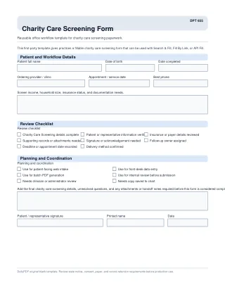 DPT 655 fillable PDF first-page preview of Charity Care Screening Form