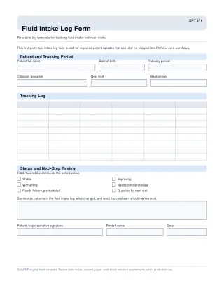 DPT 671 fillable PDF first-page preview of Fluid Intake Log Form