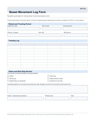 DPT 672 fillable PDF first-page preview of Bowel Movement Log Form