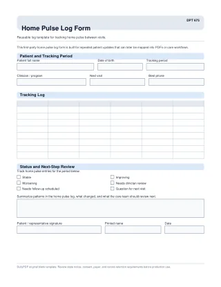 DPT 675 fillable PDF first-page preview of Home Pulse Log Form