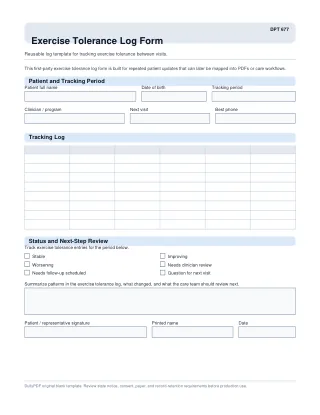 DPT 677 fillable PDF first-page preview of Exercise Tolerance Log Form