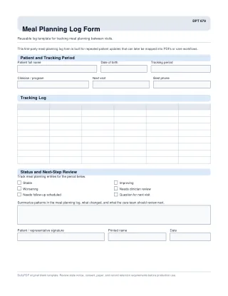 DPT 679 fillable PDF first-page preview of Meal Planning Log Form