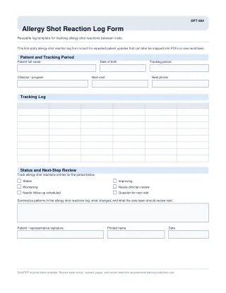 DPT 684 fillable PDF first-page preview of Allergy Shot Reaction Log Form
