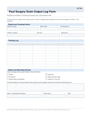 DPT 690 fillable PDF first-page preview of Post Surgery Drain Output Log Form