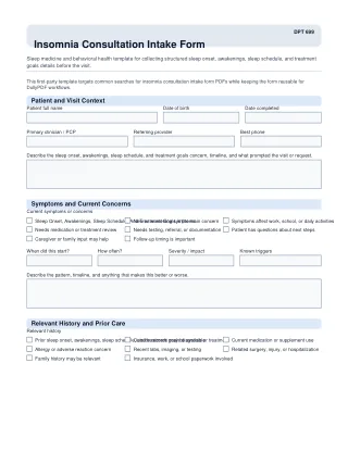 DPT 699 fillable PDF first-page preview of Insomnia Consultation Intake Form