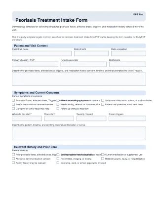 DPT 716 fillable PDF first-page preview of Psoriasis Treatment Intake Form
