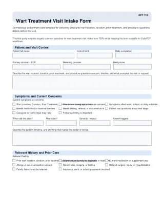 DPT 718 fillable PDF first-page preview of Wart Treatment Visit Intake Form