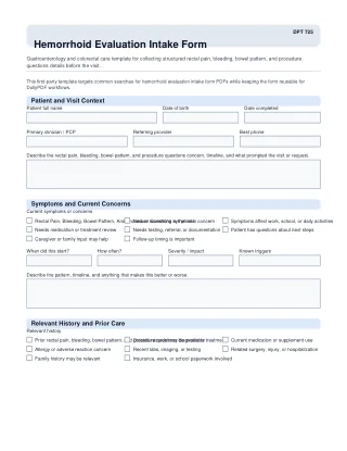 DPT 725 fillable PDF first-page preview of Hemorrhoid Evaluation Intake Form