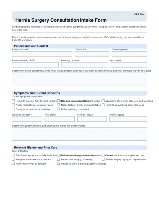 DPT 726 fillable PDF first-page preview of Hernia Surgery Consultation Intake Form