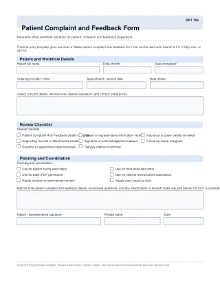 DPT 759 fillable PDF first-page preview of Patient Complaint and Feedback Form