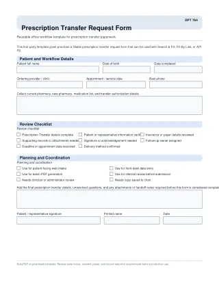 DPT 764 fillable PDF first-page preview of Prescription Transfer Request Form
