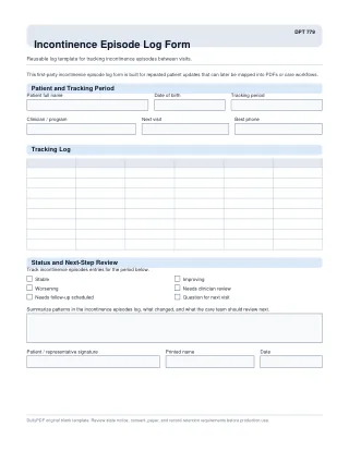 DPT 779 fillable PDF first-page preview of Incontinence Episode Log Form