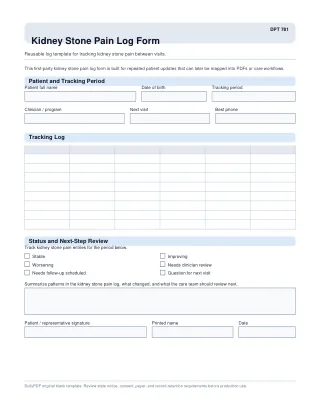 DPT 781 fillable PDF first-page preview of Kidney Stone Pain Log Form
