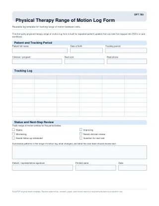DPT 783 fillable PDF first-page preview of Physical Therapy Range of Motion Log Form
