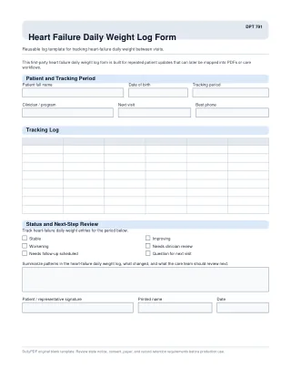 DPT 791 fillable PDF first-page preview of Heart Failure Daily Weight Log Form