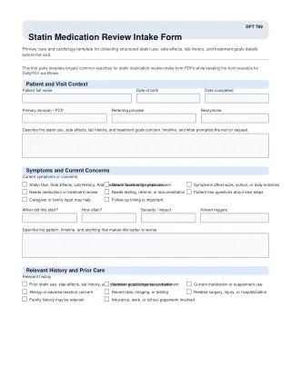 DPT 799 fillable PDF first-page preview of Statin Medication Review Intake Form