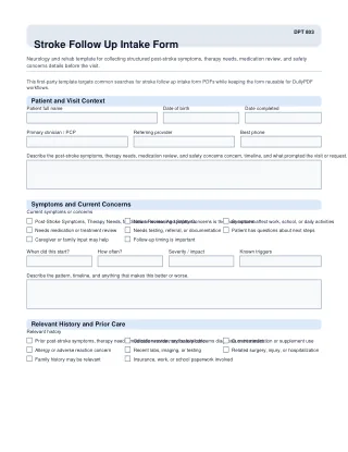 DPT 803 fillable PDF first-page preview of Stroke Follow Up Intake Form