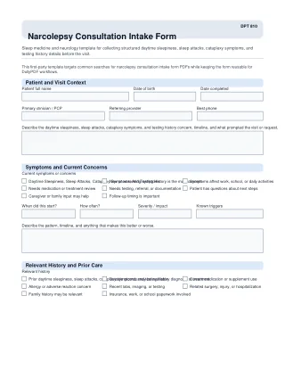 DPT 810 fillable PDF first-page preview of Narcolepsy Consultation Intake Form