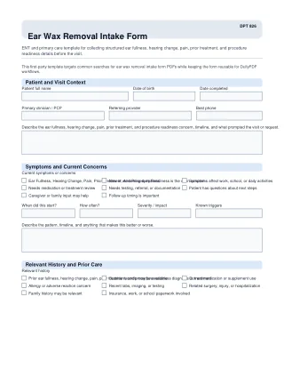 DPT 826 fillable PDF first-page preview of Ear Wax Removal Intake Form