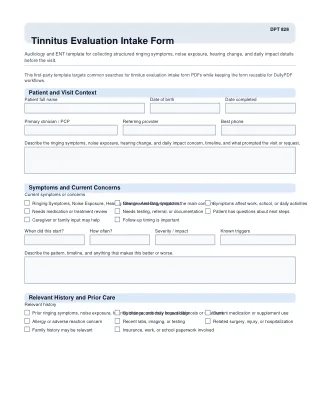 DPT 828 fillable PDF first-page preview of Tinnitus Evaluation Intake Form