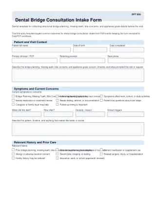 DPT 835 fillable PDF first-page preview of Dental Bridge Consultation Intake Form
