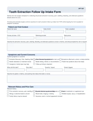 DPT 837 fillable PDF first-page preview of Tooth Extraction Follow Up Intake Form