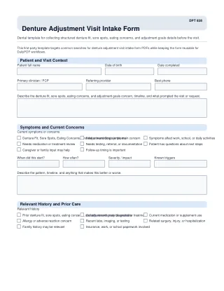 DPT 838 fillable PDF first-page preview of Denture Adjustment Visit Intake Form
