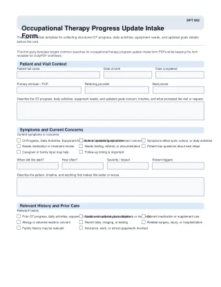 DPT 842 fillable PDF first-page preview of Occupational Therapy Progress Update Intake Form